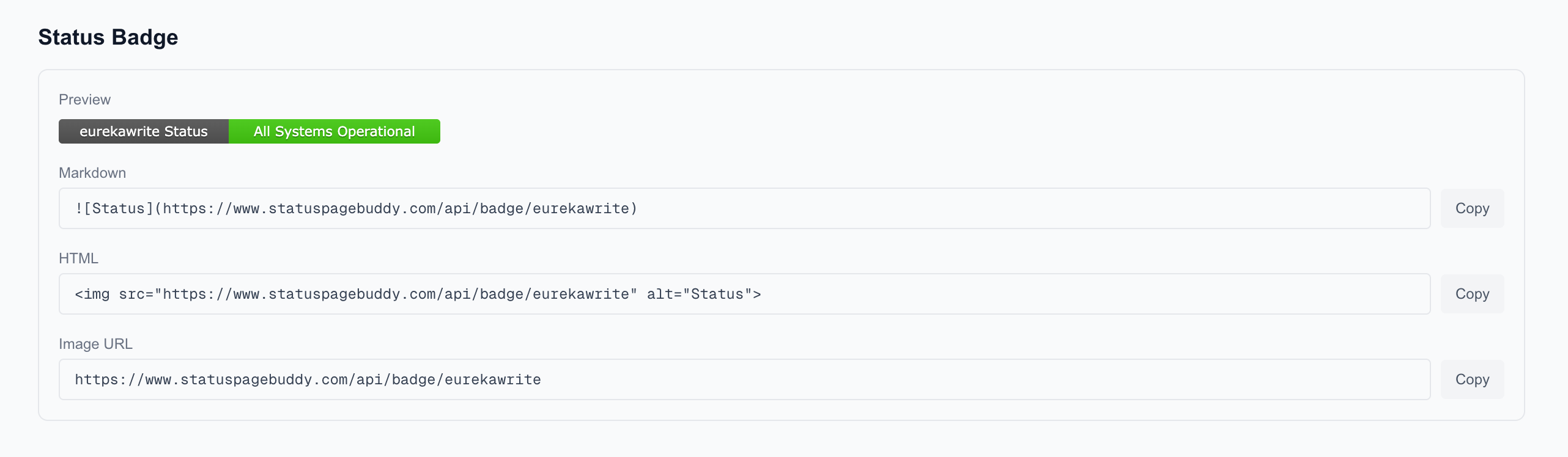 Status badge generator with Markdown, HTML, and image URL