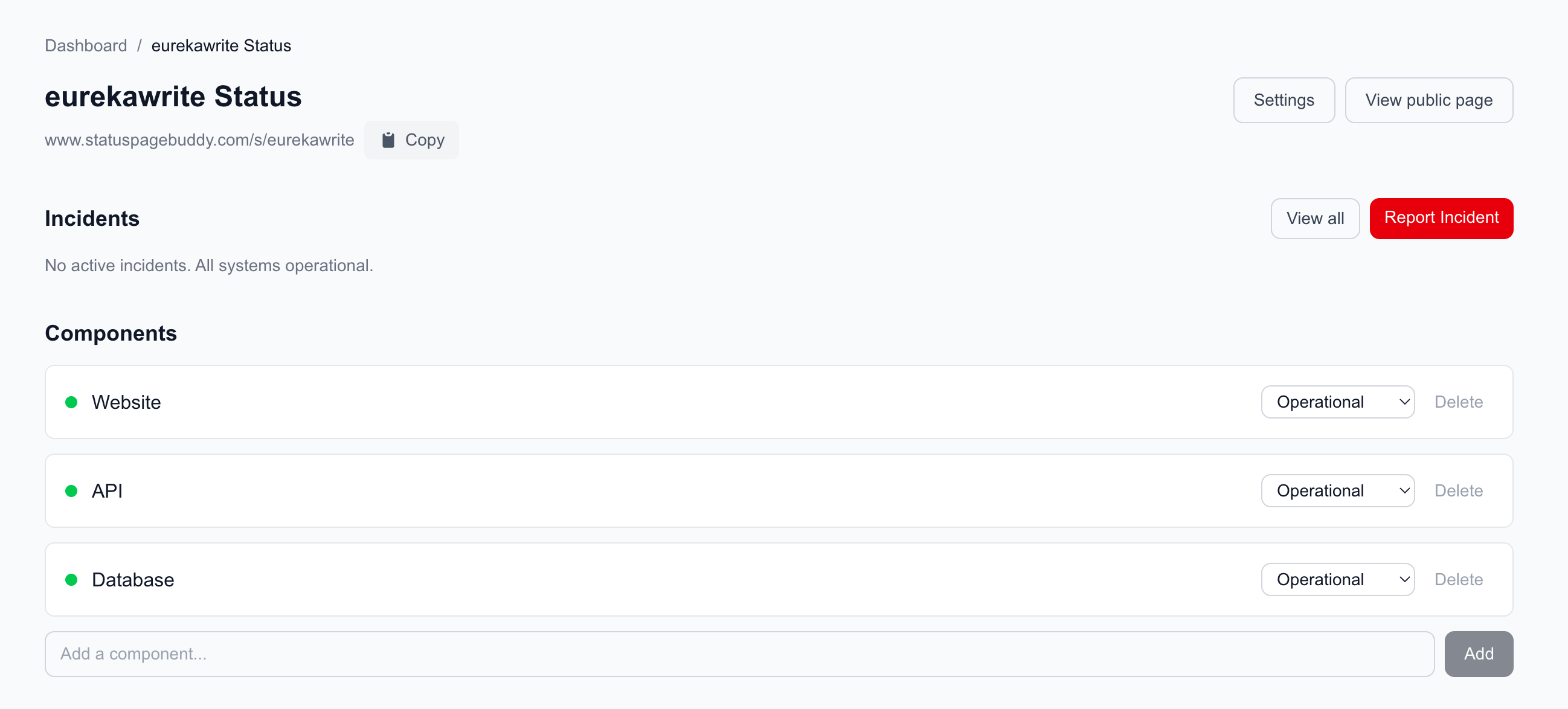 Component management dashboard