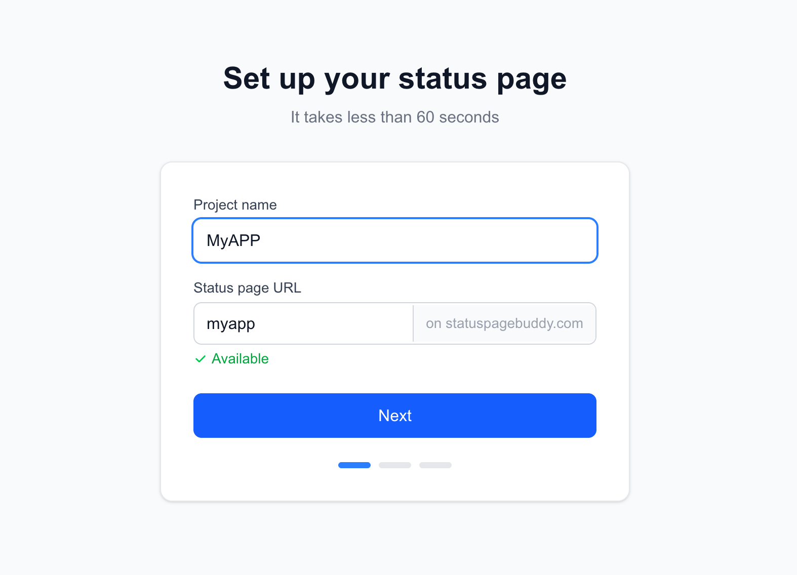 Onboarding step one — set up a status page in under 60 seconds