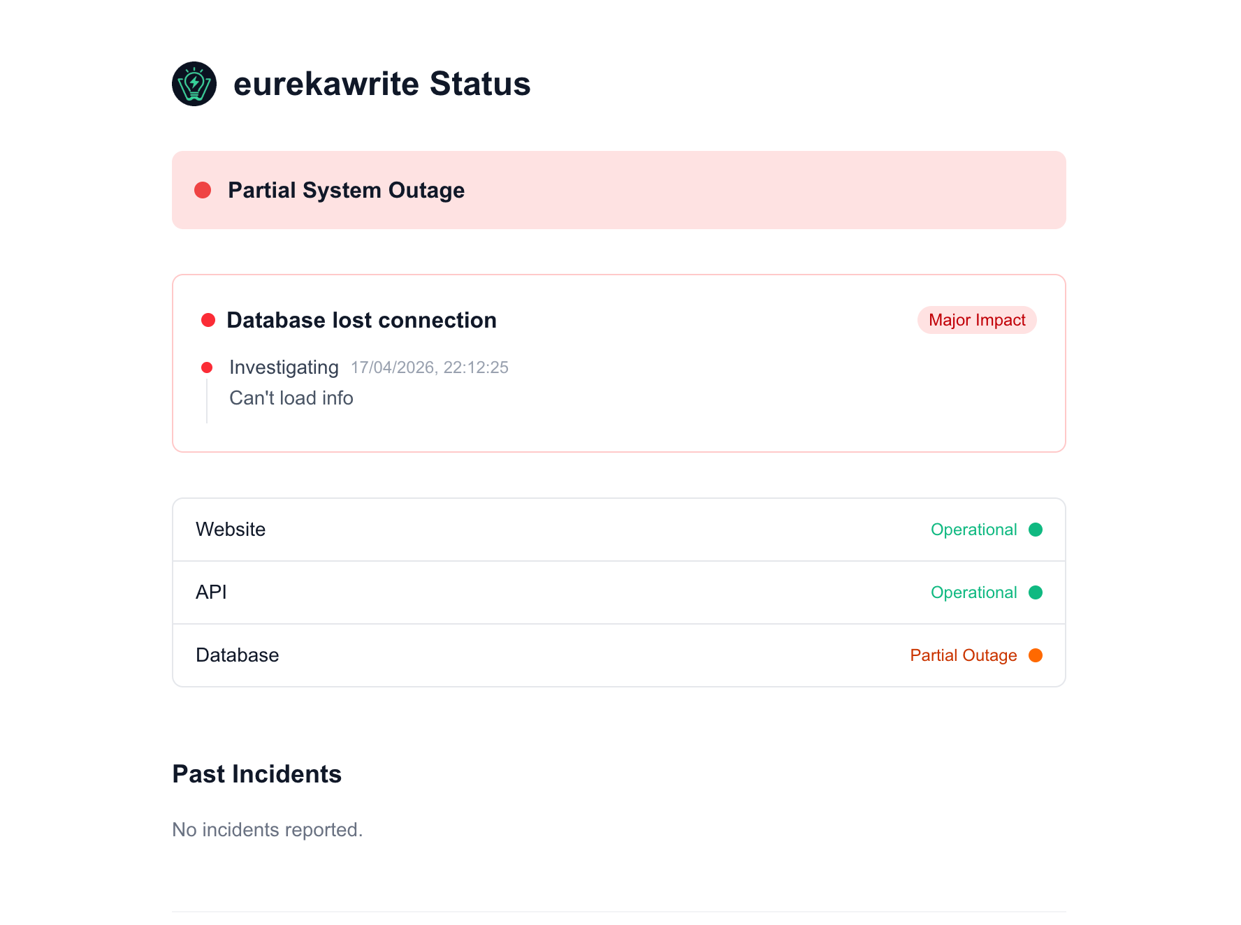 Live status page at statuspagebuddy.com/s/eurekawrite showing a partial outage incident with timeline
